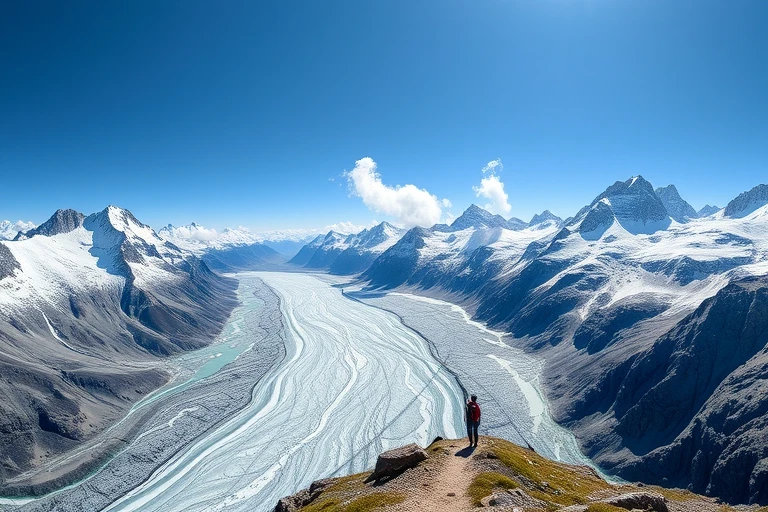 Panoramawäg am Aletschgletscher mit Blick uf de gröscht Gletscher vo de Alpe