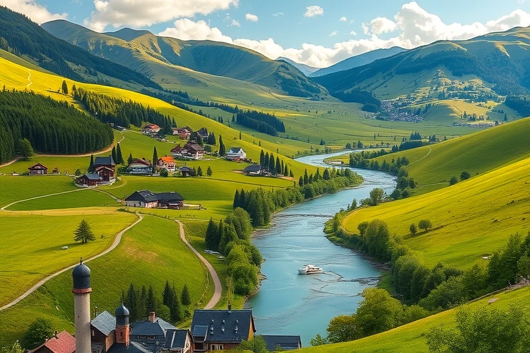 Chäsroute im Emmental mit Blick uf grüeni Hügel und traditionelli Chäsereie
