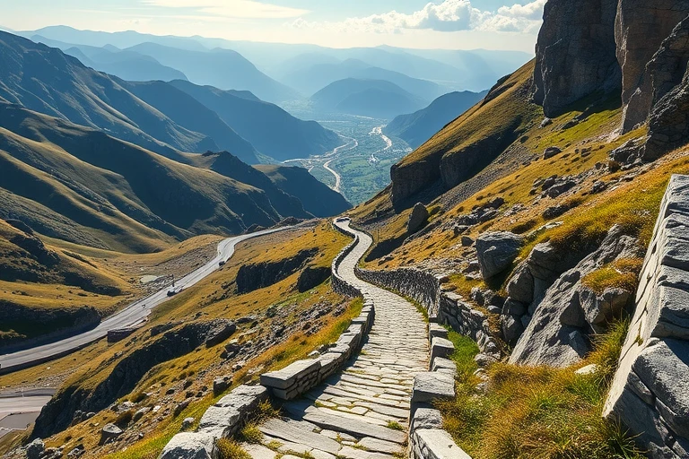 Historisch Gotthard-Saumpfad mit Blick uf historischi Wäge