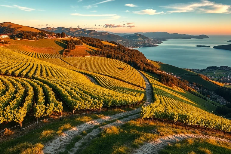 Lavaux Rebbergwäg mit Blick uf d'UNESCO-Welterbelandschaft und de Genfersee