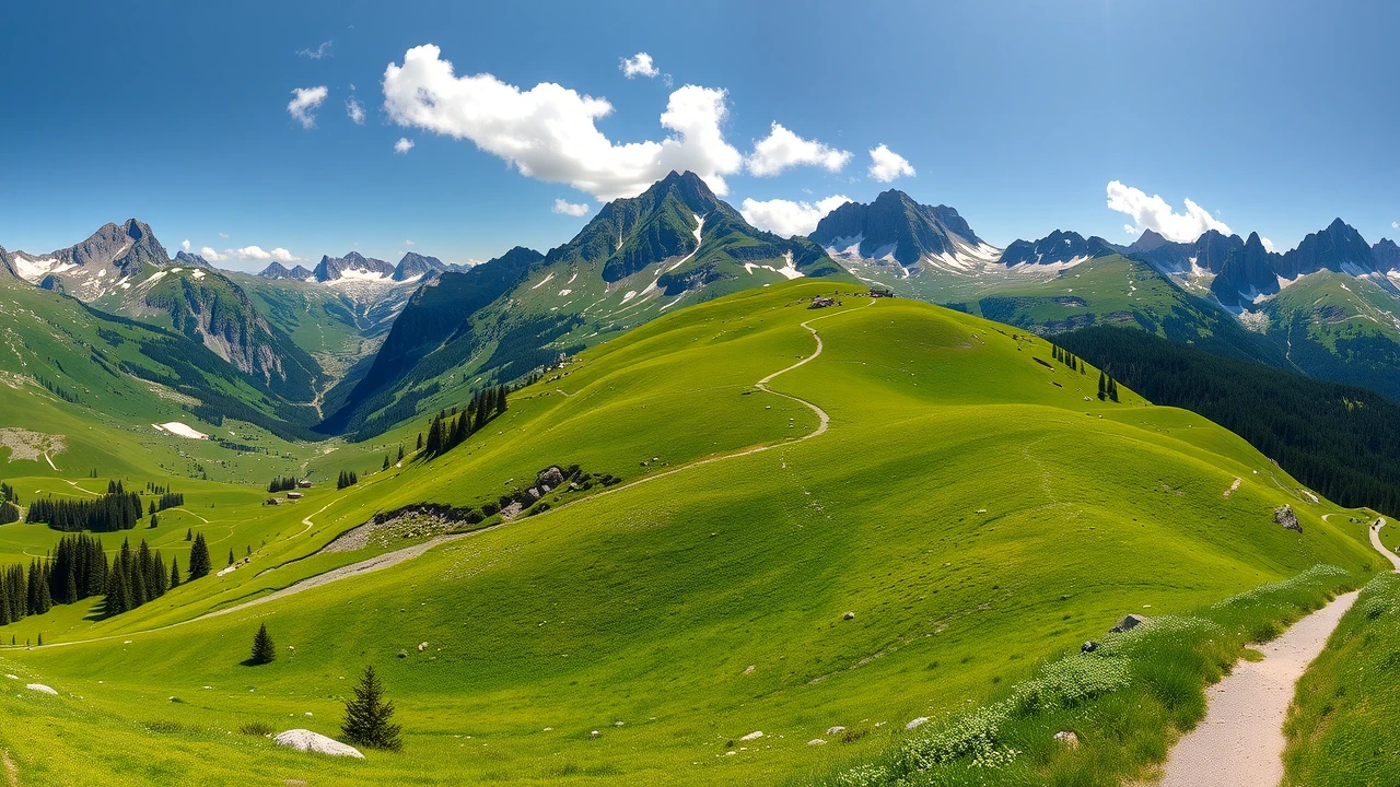Malerische Schwiizer Landschaft mit Bärge und Wanderwäg